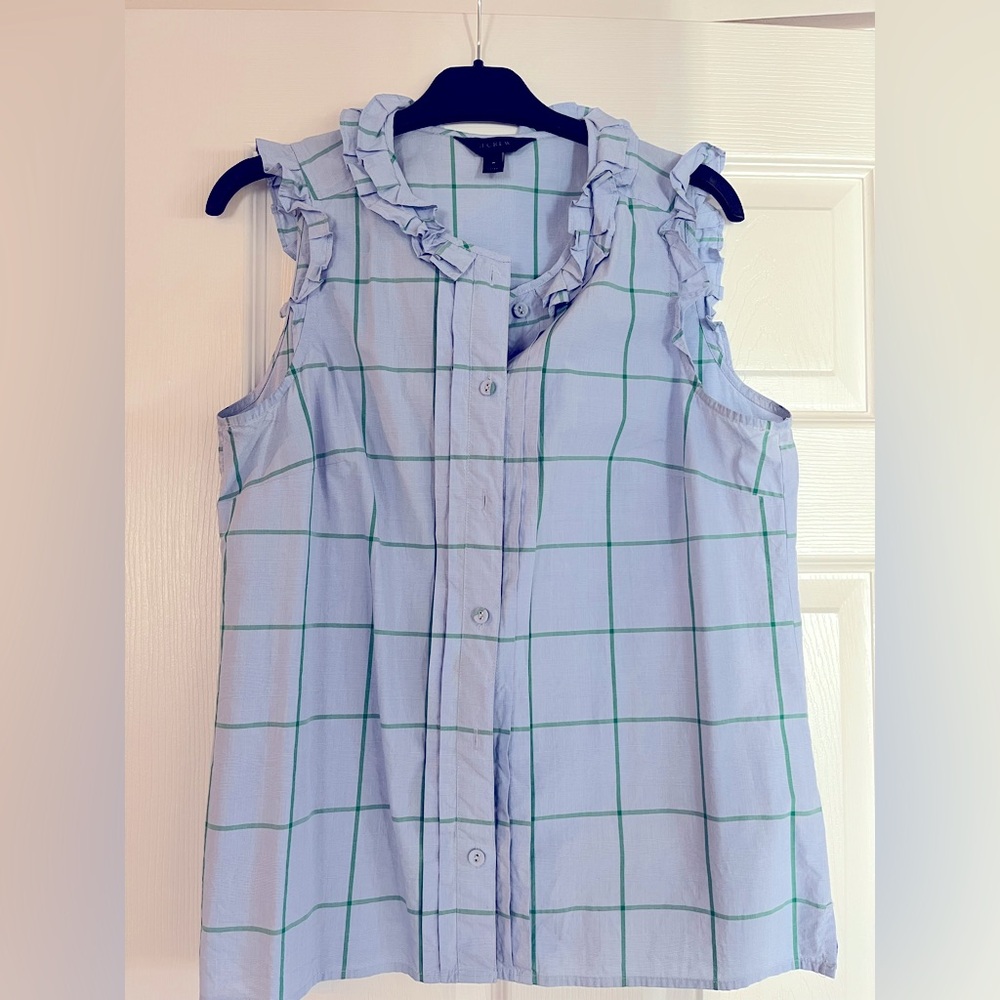 J. Crew Blue Green Pleated Ruffle Preppy Sleeveless Top Blouse Size 4